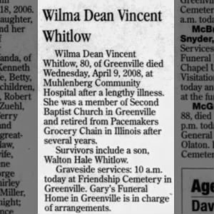 Obituary for Wilma Dean Vincent Whitlow