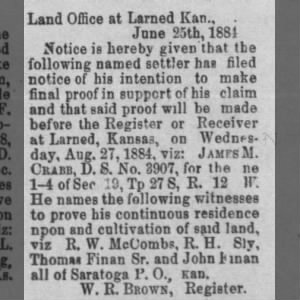 1884 Land Claim for James M. Crabb witnesses R.W. McCombs, R. H. Sly, Thomas Sr and John Finan