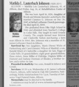 Obituary for Matilda L Lauterbach Johnson