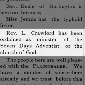 Rev L Crawford Minister of Seven day or church of God