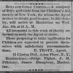 Date announced of CAS orphans coming to Manhattan, KS: Jan 8, 1867 at 10am