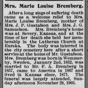 Obituary for Marie Louise Bremberg