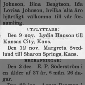 Margreta Svedlund Move to Sharon Springs - Nov 12 1893