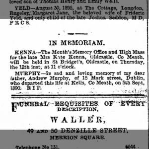Andrew Murphy, death, Kells Meath, Sept 5 1890