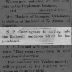 N.P. Cunningham moves into Rothwell residence, 1892