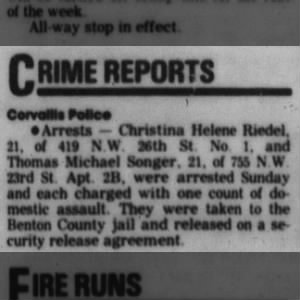 Corvallis, OR 1988 arrest report for Chris Reidel and Tom Songer.