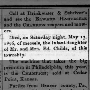 Edwin C and Fannie J (King) Childs Loss of Infant Daughter 13 May 1876