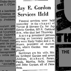 Jay E Gordon Services Held