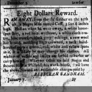 17950114 - Runaway Cuff from Rebeckah Sandham in Philly - Dunlap and Claypoole's