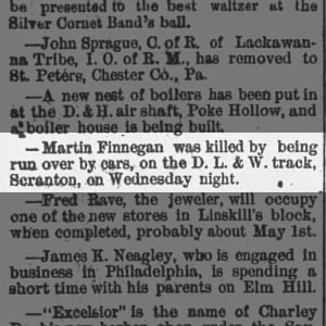 Martin Finnegan Killed by Cars on D. L. & W. Track 4-15-1880