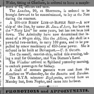 Hampshire Telegraph - "Cornwall - Portsmouth, 22 Feb., 1851