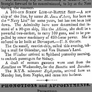 Hampshire Telegraph and Naval Chronicle - "Cornwall - Portsmouth 22 Feb, 1851"