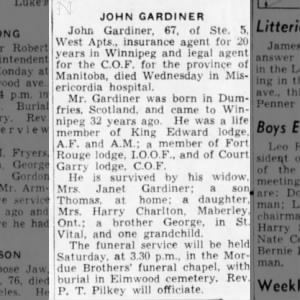 Obituary for JOHN GARDINER