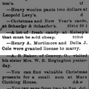 Henry A. Mortimore and Della J. Cole were granted license to marry. 