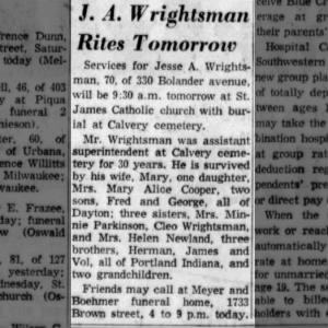 Obituary for J. A Wrightsman
