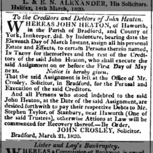 John Heaton inkeeper of Haworth, 1820, transfers debts owed to Stephen Taylor of Stanbury