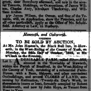 Sale of the Black Bull Inn, Haworth, Innkeeper John Heaton, October 1819