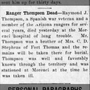Ray Thompson's Obituary 
Daily Silver Belt March 3, 1908
