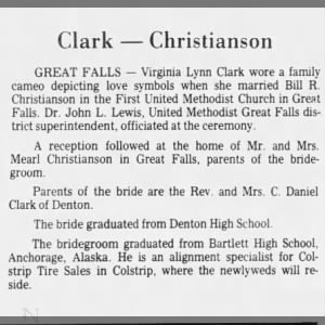 Virginia Lynn Clark Weds Bill R> Christianson Sep 9, 1980 Great Falls, Montana