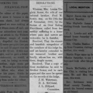 Louise Virginia "Jennie"'s Obituary, Lakin, Kansas 1910