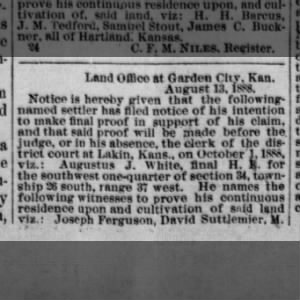 White, Augustus J FILED NOTICE FOR LAND ~1 Sep 1888 *HARTLAND HERALD -P2