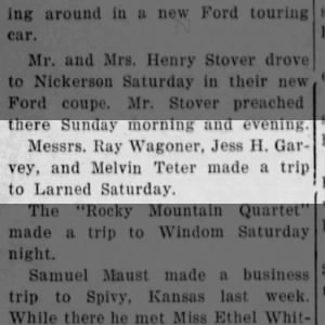 Trip to Larned, KS; Ray Wagoner, Jess H. Garvey, Melvin Teter, 14 APR 1923