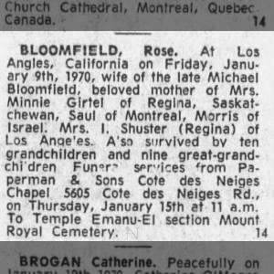 Obituary for Rose BLOOMFIELD