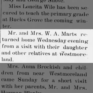 Mr. and Mrs. W. A. Marts returned from Westmoreland
