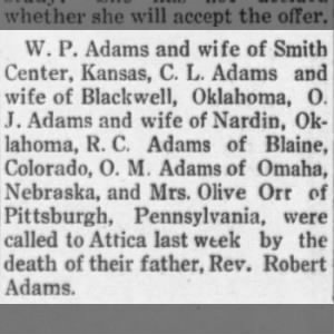 Death of Rev. Robert Adams - 1919