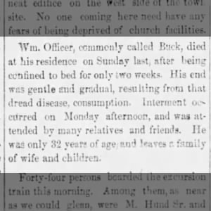 Wm. "Buck" Officer dies Newbury Cemetery Sept 20, 1888