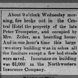 Mary E McFarland Zeiler boarding house she rented burned in Horton, Kansas