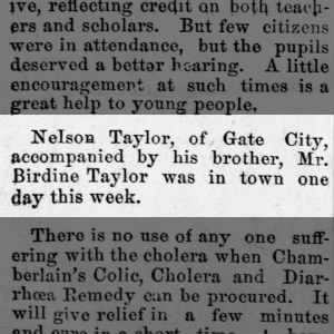 The Edgewood Cheif (Englewood, Kansas) 26 Oct 1892, Wed Page 3
-Nelson Taylor / Birdine Taylor
