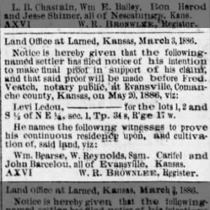 Final Proof of Land Claim - Levi Ledou - Evansville, Comanche County, Kansas - May 1886