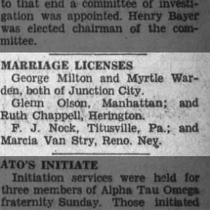 Glenn Olson and Ruth Chappell marriage license