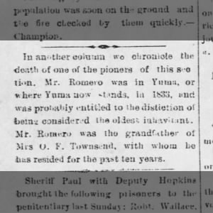 Obit for Juan D. Romero  The Arizona Sentinel 3 May 1884