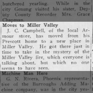 1921 J C Campbell moves to Miller Valley