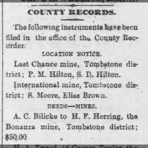 A.C. Bilicke deeds Bonanza Mine to H.F. Herring (Feb 26, 1886 Tombstone Epitaph)