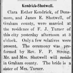 Kendrick-Shotwell wedding:  Clara Esther Kendrick and James Edward Shotwell.