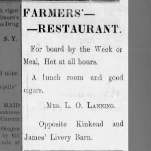 1886 08 20 Mrs L O Lanning Restaurant