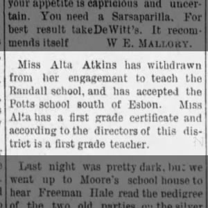 Alta Atkins new teaching position               The Jewell County Searchlight Aug 3 1894
