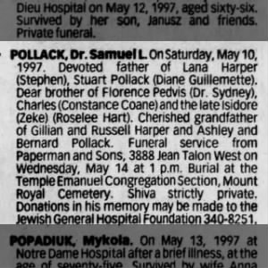 Obituary for Samuel L POLLACK