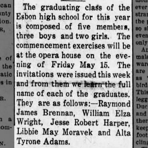 Alta Tyrone Adams high school graduation - 1914