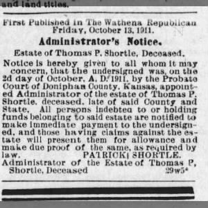 Thomas Pa Shortle estate notice 10/13/1911