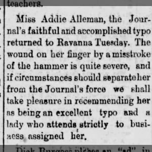 Miss Addie Bell Alleman, typist for the Garfield County Journal (KS) 1887