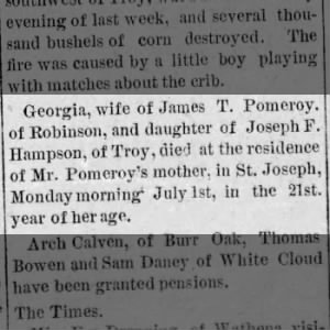 POMEROY, Georgia HAMPSON died 1 Jul 1889