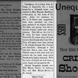 Wedding Announcement - Wathena Weekly Gazette 0 St. Joseph, Missouri - 29 May 1890 page 3