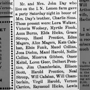 Party held for Charlie Sims.   Attendees included Alice Magers and Edna Magers. October 1908
