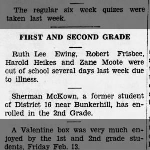 1931 Feb Sherman McKown, from Bunkerhill, enrolls in new school in Lucas