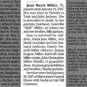 Jean Marie Jackson Miller obituary 