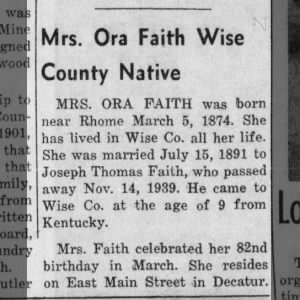 Mrs. Ora Faith Wise County Native